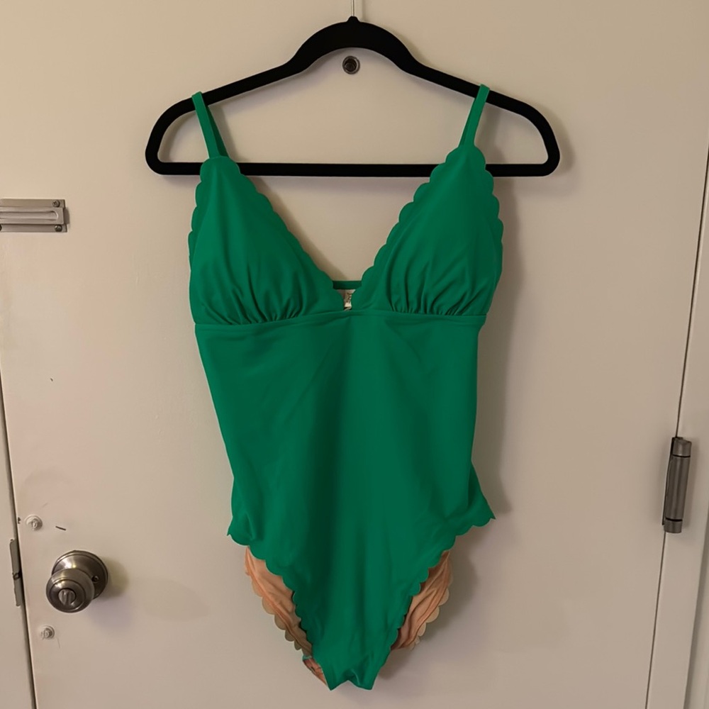 J. Crew Green Scalloped One-Piece Swimsuit